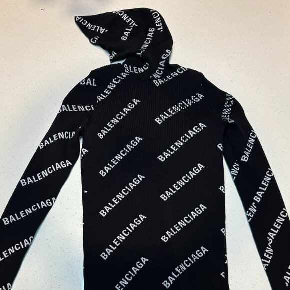 Balenciaga Allover Logo Hooded Sweater in Black Cotton